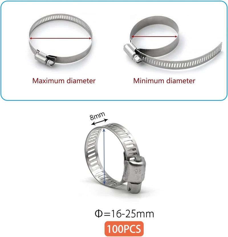 ZIPCCI Hose Clamp, 100 Pack Stainless Steel Hose Clamps Worm Gear Fuel Line Pipe Clamps, 16-25mm (5/8-1 inch) - Image 4